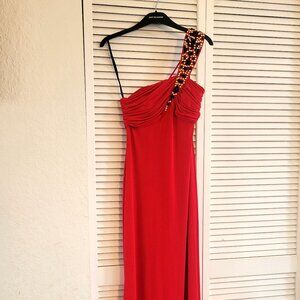 Vintage Calvin Klein Floor Length One Shoulder Beaded Detail Holiday Dress Gown